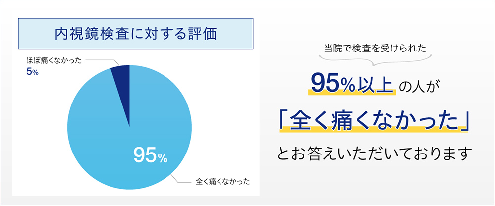 内視鏡検査に対する評価　当院で検査を受けられた95%以上の人が「全く痛くなかった」とお答えいただいております